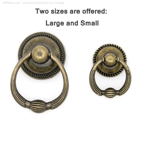 Set Of 6 Vintage Antique Brass Drop Ring Pulls For Drawers With Single Mounting Hole Large Ring Size 1.4-Inch And Pull Height 2.1-Inch shown in two sizes