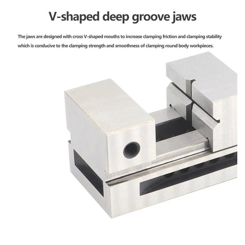 TMY Q50 High Precision Fast Acting Flat Vise And Right Angle Milling Bench Fixture For Surface Grinding with V-shaped deep groove jaws.