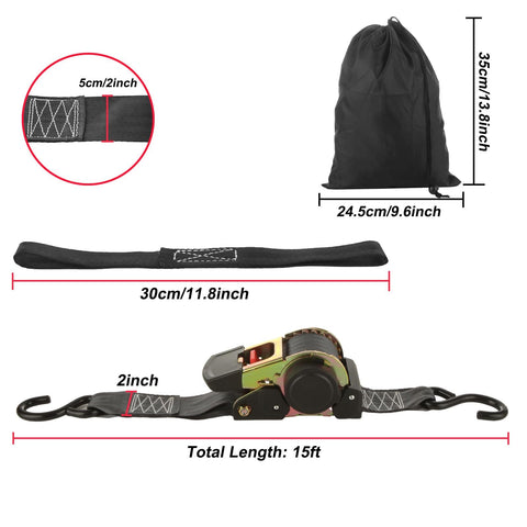 2 Pack 2 Inch Auto Retractable Ratchet Straps With S Hooks, Heavy Duty 15ft Self Retracting Tie Down Straps show length and dimensions