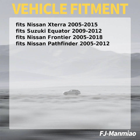 Vehicle fitment list for Nissan Xterra, Suzuki Equator, Nissan Frontier, and Nissan Pathfinder with mountain background.