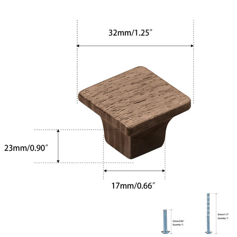 Wooden Cabinet Door Handles Four Pack Minimalist Single Hole Drawer Pulls with dimensions; Square knob in wood, 23mm diameter.