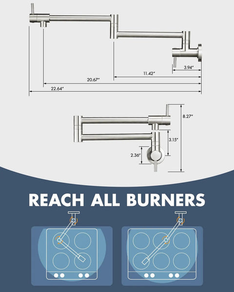 Built Tough Pot Filler Faucet For Modern Kitchens Featuring Brushed Nickel Finish, 24 inch reach design diagram.
