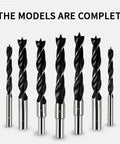Pro 6 Pc Woodworking Drill Bit Set With Precision Three Point Hole Opener and Punching Tool for Electric or Hand Drills in various sizes.