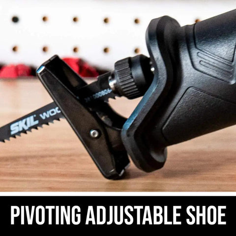 Close-up of Cordless Reciprocating Saw Kit With Brushless 20V PWR CORE 20 Battery's adjustable shoe feature