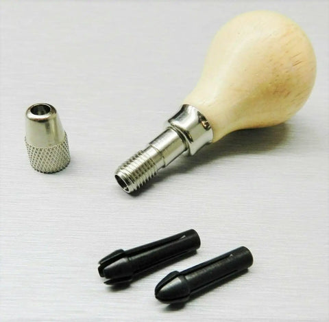 Hand Chuck Pin Vise Tool With Pear Shaped Wooden Handle, Two Steel Collets For 0 To 1/8 Inch Bits, Mini Drill Vise