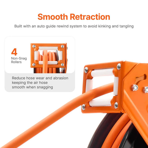 Retractable Air Hose Reel With 100 Foot Rubber Hose Three Eighths Inch 300 Psi Max Auto Rewind close-up of hose guide rollers
