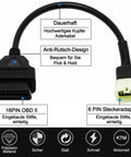 OBD2 OBDII 6 Pin 16 Pin Diagnostic Adapter Cable For KTM Motorcycles Plug And Play Connector Lead shown with labels.