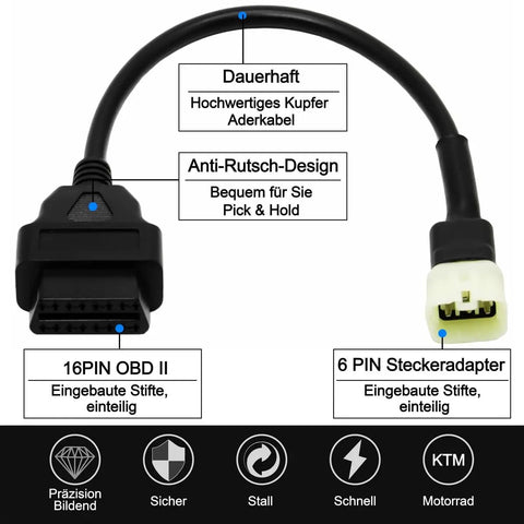 OBD2 OBDII 6 Pin 16 Pin Diagnostic Adapter Cable For KTM Motorcycles Plug And Play Connector Lead shown with labels.