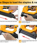 Steps to load fasteners in Pro Grade 18 Gauge Electric Brad Nailer And Stapler with images demonstrating the process.