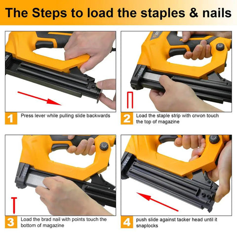 Steps to load fasteners in Pro Grade 18 Gauge Electric Brad Nailer And Stapler with images demonstrating the process.