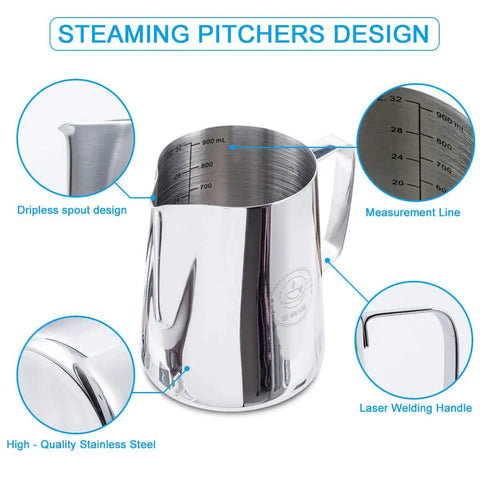 32 Oz Milk Frothing Pitcher for Espresso and Latte Art Stainless Steel 304 Jug with features and design details