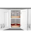 Slick Rotating Wooden Lazy Susan Perfectly Sized For Deep Corner Cabinets with storage jars and baking dishes.