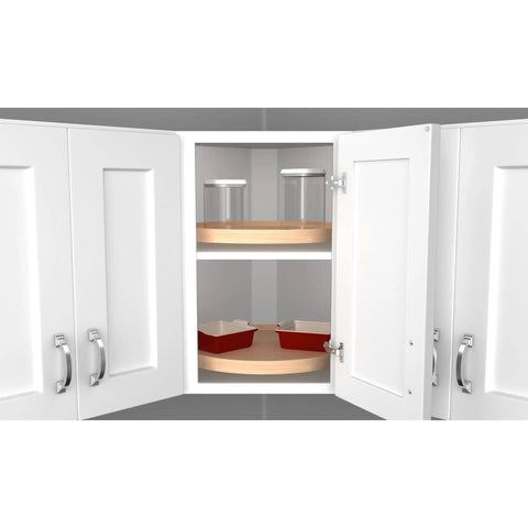 Slick Rotating Wooden Lazy Susan Perfectly Sized For Deep Corner Cabinets with storage jars and baking dishes.