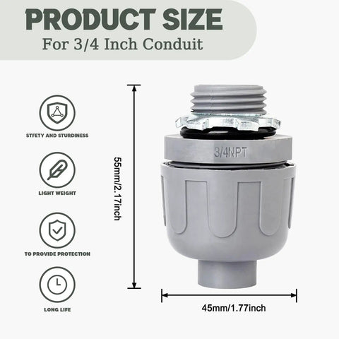 Heavy Duty 3/4 Inch Liquid Tight Connector 15 Pack PVC Electrical Conduit Fittings shown with dimensions for 3/4 inch conduit.