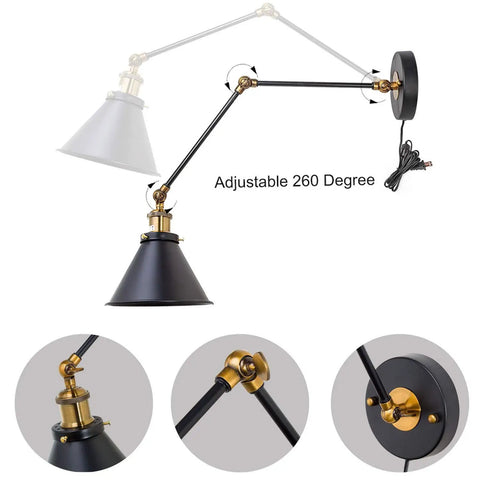 Black Swing Arm Wall Lamp With Antique Brass Finish, 2-in-1 Plug-In Or Hardwire Wall Sconce, adjustable arm detail