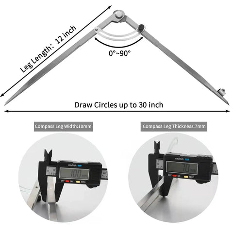 Tough As Nails All Metal Drafting Compass With Adjustable Wing Divider and Secure Pencil Holder, 12 inch legs for precise geometry layout work.