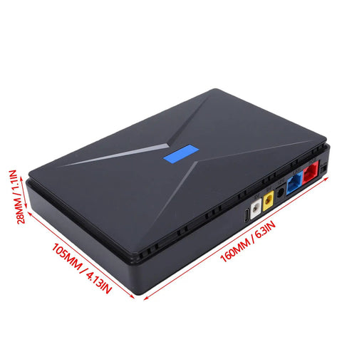 Rock Solid Mini UPS Battery Backup With 8800mAh Capacity showing black exterior, multiple ports, and dimensions for modem power protection.