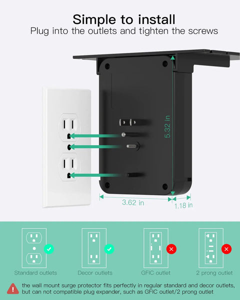 Installation diagram of Surge Protector Wall Outlet Extender With Six AC Outlets USB C Port And Two USB A Ports Space Saving Wall Plug Expander with removable shelf showing measurements.