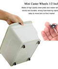 Mini Fixed Caster Wheels Half Inch Low Profile Plate Non Swivel 8 Pack attached to a small container, showing use for furniture or appliances.