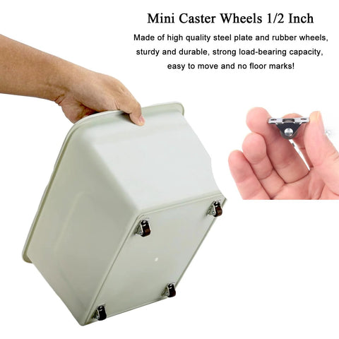Mini Fixed Caster Wheels Half Inch Low Profile Plate Non Swivel 8 Pack attached to a small container, showing use for furniture or appliances.