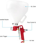 1.5 Gallon Air Hopper Texture Drywall Sprayer Featuring Three Precision Nozzles For Stucco Paint Popcorn Ceiling And Knockdown Finishes That Powers Through Walls No Sweat showing nozzle, trigger, and flow control features.