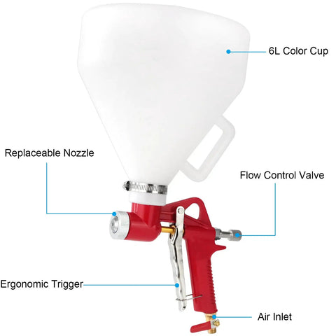 1.5 Gallon Air Hopper Texture Drywall Sprayer Featuring Three Precision Nozzles For Stucco Paint Popcorn Ceiling And Knockdown Finishes That Powers Through Walls No Sweat showing nozzle, trigger, and flow control features.