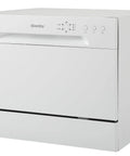 Compact Countertop Dishwasher With No Sweat Faucet Hookup Six Place Setting Capacity Six Rapid Wash Cycles Heavy Duty Silverware Tray Matte White Build side view showing control panel and sleek design.