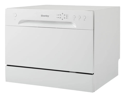Compact Countertop Dishwasher With No Sweat Faucet Hookup Six Place Setting Capacity Six Rapid Wash Cycles Heavy Duty Silverware Tray Matte White Build side view showing control panel and sleek design.