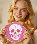 Woman holding Pink Skull Head Punch Needle Kit For Adults Beginners Complete DIY Craft Needlepoint Set with hoop 20x20cm