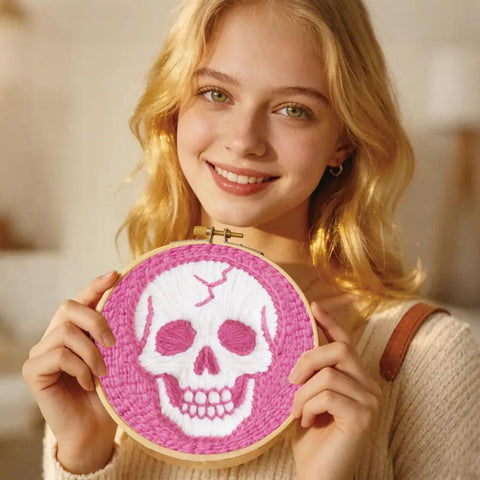 Woman holding Pink Skull Head Punch Needle Kit For Adults Beginners Complete DIY Craft Needlepoint Set with hoop 20x20cm