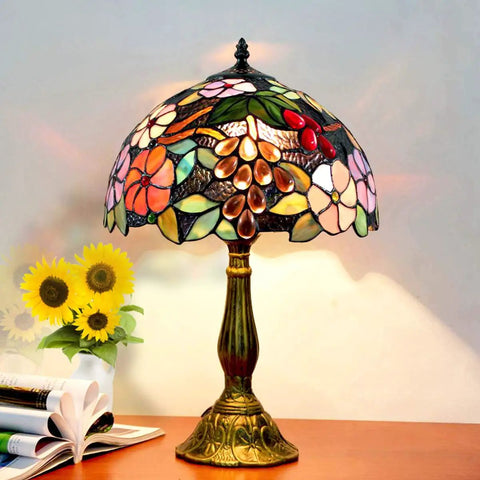 Tiffany Style Grape Rose Dope Stained Glass Table Lamp Handcrafted For Bedroom Living Room And Home Office Desk Decor