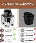 Heavy Duty Automatic Electric Knock Box For Espresso With Big Capacity Shock Absorbent Build showing automatic cleaning features.