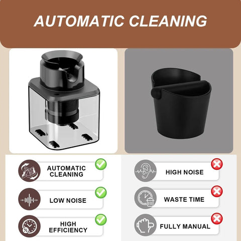 Heavy Duty Automatic Electric Knock Box For Espresso With Big Capacity Shock Absorbent Build showing automatic cleaning features.