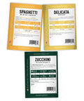 Packet front view showing Five Pack Of Homegrown Squash Seeds Delicata Butternut Zucchini Spaghetti And Golden Crookneck For A Non GMO Heirloom Veggie Patch For Easy Planting In Raised Beds Or Small Yards.