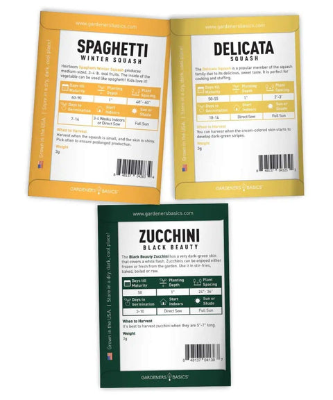 Packet front view showing Five Pack Of Homegrown Squash Seeds Delicata Butternut Zucchini Spaghetti And Golden Crookneck For A Non GMO Heirloom Veggie Patch For Easy Planting In Raised Beds Or Small Yards.