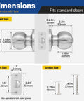 Dimensions of keyed entry door knob with lock and key for exterior and interior doors satin nickel finish, shown with measurements