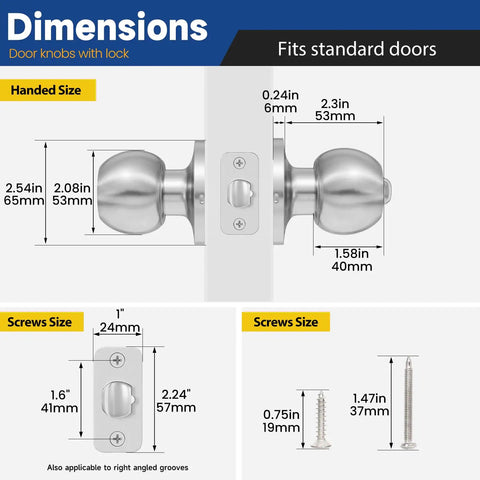 Dimensions of keyed entry door knob with lock and key for exterior and interior doors satin nickel finish, shown with measurements