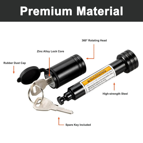 Black Five Eighths Inch Hitch Pin Lock With Keys For Two Inch Receiver Anti Theft Trailer Hitch Pin Keyed Alike with labels