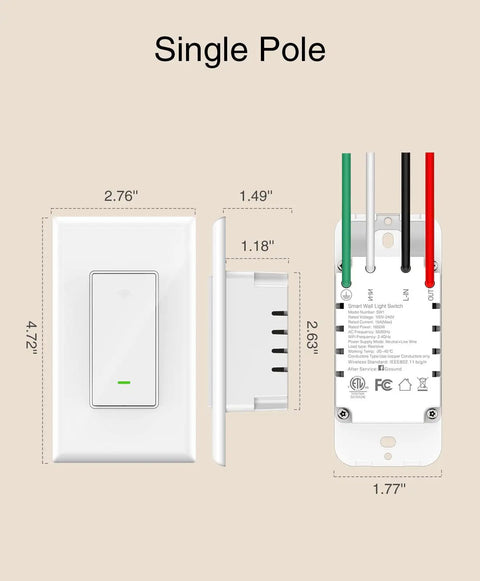 Smart WiFi Light Switch For Single Pole Wiring 2.4GHz Easy Setup Works With Alexa And Google Home Voice Control Neutral Wire Required