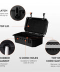 Beefy Heavy Duty Outdoor Electrical Junction Box IP54 Weatherproof with open top lid, rubber gasket, and 5 cord holes, matte black.