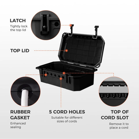 Beefy Heavy Duty Outdoor Electrical Junction Box IP54 Weatherproof with open top lid, rubber gasket, and 5 cord holes, matte black.