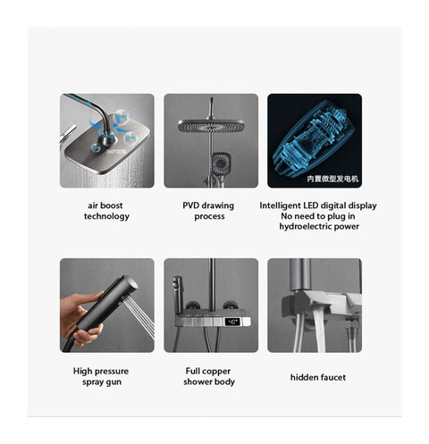 RIBEUJIZS Digital Display Bathroom Shower Faucet Sets, showcasing air boost technology and high pressure spray gun.