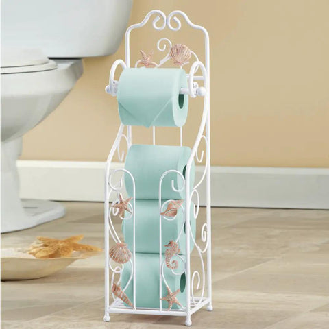 Shell Toilet Paper Holder And Stand With Sea Themed Decor For A Beachy Bathroom Vibe Holds 3 Extra Rolls Seashells Starfish And Seahorse Accents Antique White Finish Elegant Scroll Iron Design For Coastal Bathroom Style