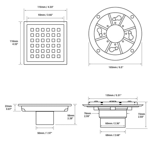 Dimensions of Matte Black 4 And A Quarter Inch Round Shower Drain Grate With Adjustable Threaded Base Flange Built To Last