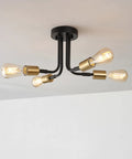4 Light Adjustable Socket Semi Flush Mount Ceiling Light In Matte Black With Matte Brass Accents Exposed E26 Base Pivot Joints Industrial Sputnik Style Fixture For Modern Living Rooms And Hallways, matte black ceiling view