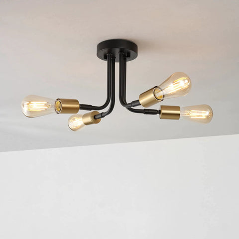 4 Light Adjustable Socket Semi Flush Mount Ceiling Light In Matte Black With Matte Brass Accents Exposed E26 Base Pivot Joints Industrial Sputnik Style Fixture For Modern Living Rooms And Hallways, matte black ceiling view