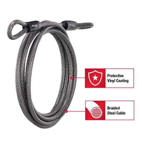 Beefy 15 Foot Looped End Steel Cable For Bikes And Outdoor Gear Braided Steel With Protective Coating shown coiled with labels