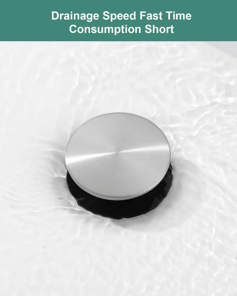 Close-up of pop-up drain overflow in brushed nickel, part of the Single Handle Swivel Spout Bathroom Sink Faucet With Pop Up