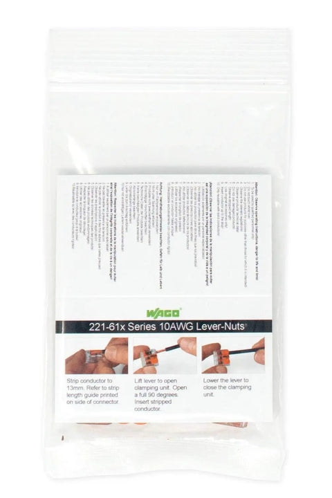 Lever Nuts 221 612 10 AWG Two Conductor Compact Wire Connectors 10 Pack in sealed package, instruction guide visible