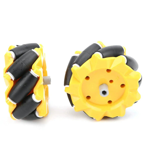 Omni Directional Mecanum Wheel Set for DIY Robot Cars 80mm Rubber Coated Left and Right Wheels in yellow and black